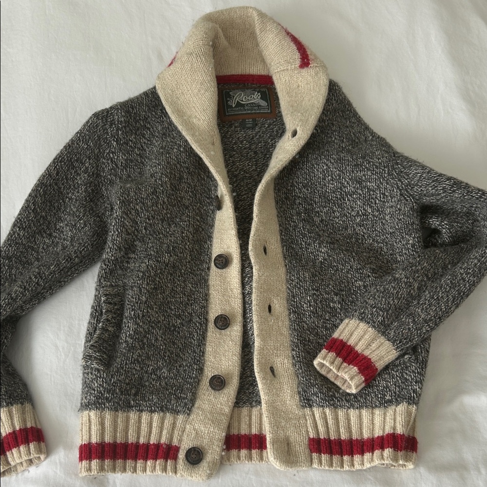 Roots Gray and Cream Sweater with Red Stripes